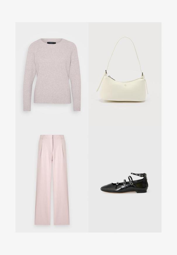 Helles rosa Sweatshirt mit rundem Ausschnitt, langen Ärmeln und gerippten Bündchen. Niedrige Textur mit einem dezenten Melange-Muster.; Hellrosa weite Hosen mit Vorderfalten, Gürtelschlaufen und einem verdeckten vorderen Verschluss, dargestellt vor einem einfarbigen Hintergrund.; ALDO NELTA - Klassischer Ballerina - black; Kleine weiße Handtasche aus strukturiertem Leder mit einem gebogenen oberen Reißverschluss, einem einzelnen Riemen und einem minimalen Metall-Logo in der vorderen Mitte.