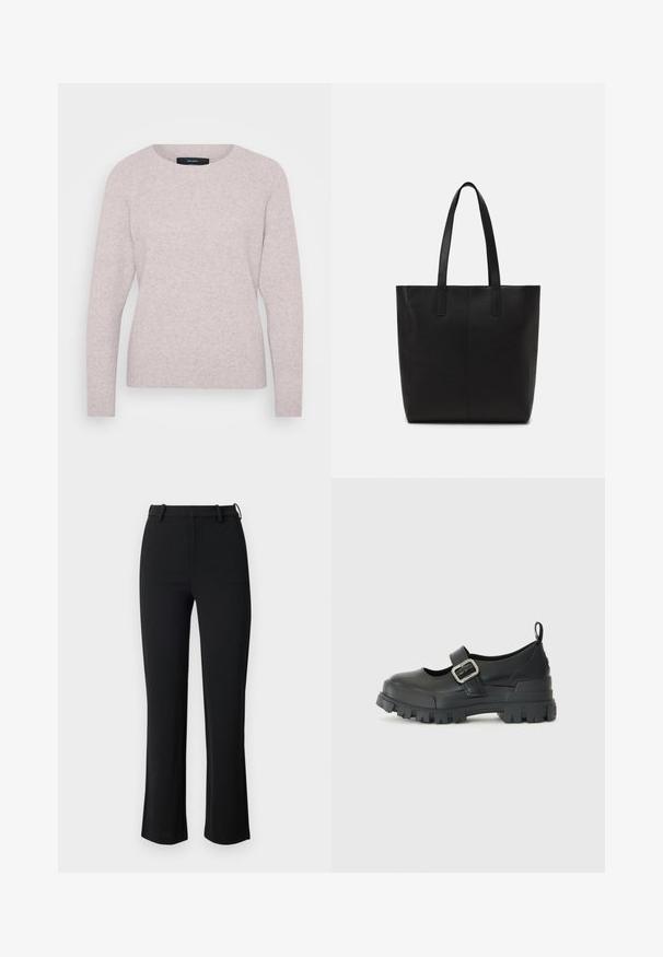 Lys rosa sweater med rund hals, lange ærmer og ribbede manchetter. Blød tekstur med et subtilt meleret mønster.; Sorte bukser lavet af et glat, strækbart stof, med en tætsiddende talje, bæltesløjfer og let flared ben med sideslids.; Sorte læder Mary Jane sko med rund tå, justerbar spænde rem og kraftig gummisål med et struktureret grip mønster.; Sort tote taske lavet af tekstureret materiale, med to lange håndtag og et enkelt, minimalistisk design uden synligt hardware.