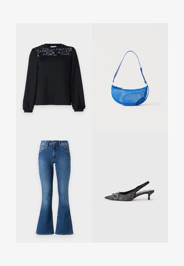 Un pull noir à manches longues, avec des détails en dentelle texturée sur la poitrine et un col rond. Tissu doux avec des poignets côtelés.; Jean en denim bleu évasé avec une taille mi-haute, doté de cinq poches, d'une fermeture à bouton et d'une légère décoloration le long des jambes.; Escarpin noir avec bride arrière, talon kitten, bout pointu, motif texturé et détail de boucle argentée sur fond blanc.; Sac à bandoulière bleu en mesh avec sangle réglable et fermeture éclair, présenté sur un fond blanc uni.