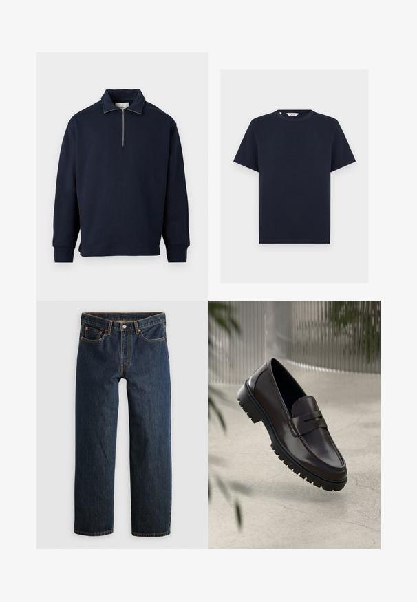 Navyblauwe pullover sweatshirt met een hoge kraag en een halve rits, gemaakt van zachte stof met lange mouwen en een ontspannen pasvorm.; Marineblauw T-shirt met korte mouwen en ronde hals met een rechte zoom, getoond op een witte achtergrond.; Donkerblauwe denim jeans met een rechte pijp. Voorzien van vijf zakken, contrasterende stiksels en een knoopsluiting in de taille.; Bruine leren loafers met een getextureerde, geribbelde rubberen zool. Beschikt over een slank ontwerp en een decoratieve band over de wreef.
