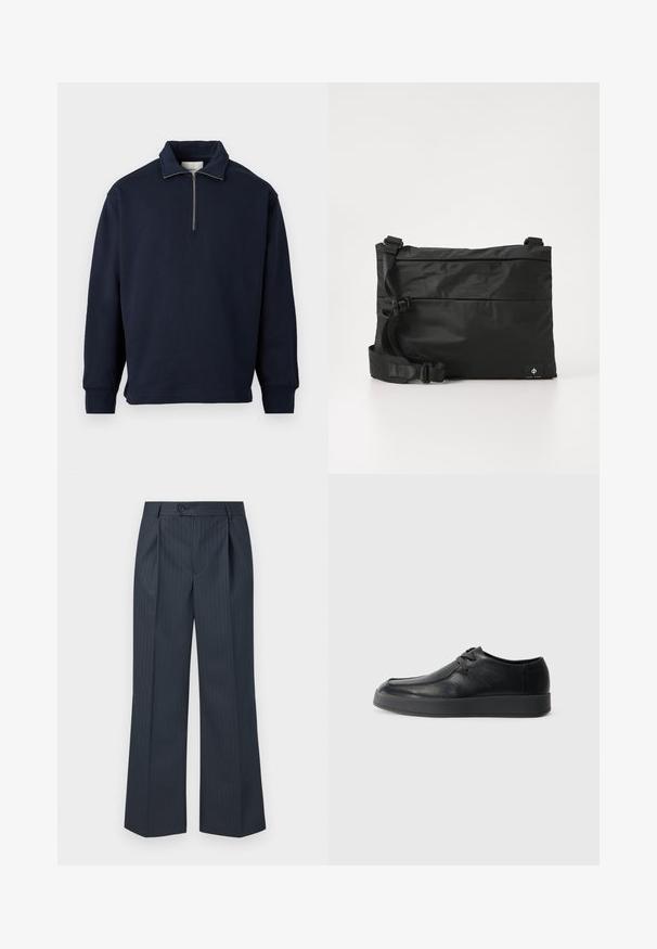 Tummansininen collegepaita korkealla kauluksella ja puoleen vetoketjuun, pehmeästä kankaasta, pitkät hihat ja löysä istuvuus.; Navy raidalliset leveät housut etupleiteillä, yksittäisellä napilla ja sileällä kankaalla. Sisältää pystysuoria vihreitä pinstripe-yksityiskohtia.; Calvin Klein HYBRID CUP WALLABEE - Klassiset nauhakengät - triple black; Musta nailoninen olkalaukku säädettävällä remmillä, tasainen muotoilu ja sivulla logoa esittävä etiketti. Sileä pinta ja minimalistinen tyyli.