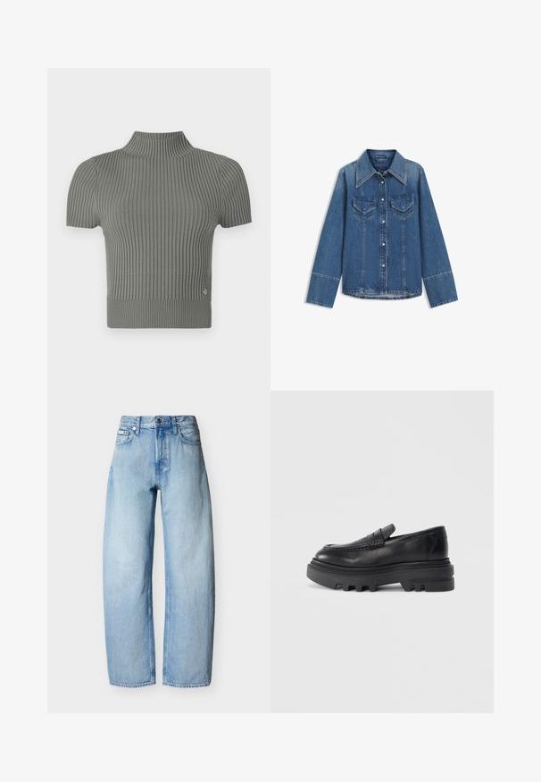 Haut ajusté à manches courtes en tricot côtelé, d'un doux gris. Caractéristiques : col haut et petit logo près de l'ourlet.; Chemise longue en denim bleu avec col large et pointu, boutons-pression à l’avant et deux poches poitrine à rabat avec coutures visibles.; Jean en denim bleu clair à coupe droite avec cinq poches, passants pour ceinture et fermeture à bouton sur le devant.; Mocassin en cuir noir avec une semelle épaisse noire et un détail de sangle texturé. La finition lisse et la forme arrondie renforcent son design contemporain.