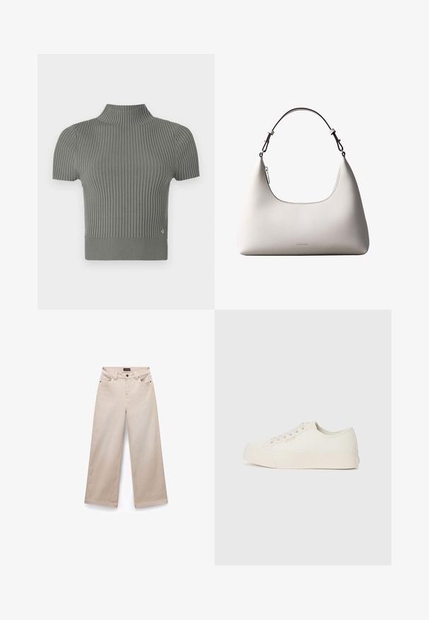 Haut ajusté à manches courtes en tricot côtelé, d'un doux gris. Caractéristiques : col haut et petit logo près de l'ourlet.; Pantalons larges beiges en coton avec une texture douce. Comprend cinq poches, des passants de ceinture et des finitions en métal argenté à l'avant.; Baskets en toile écrue, avec un design basse, bout rond et semelle en caoutchouc plate avec des détails de couture subtils.; Sac à bandoulière en cuir couleur crème de Calvin Klein avec bord supérieur incurvé, fermeture éclair argentée et sangle ajustable brun foncé.