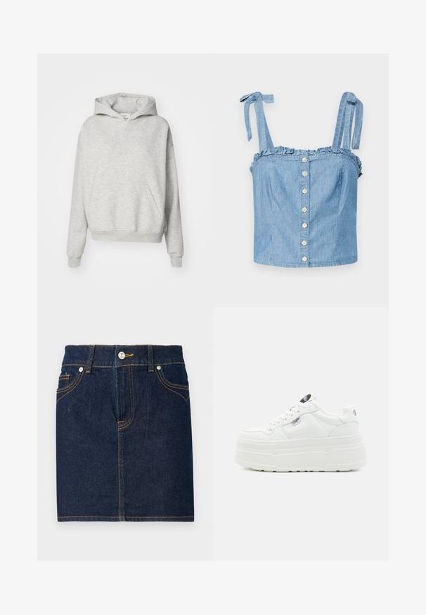 Sudadera gris con un bolsillo frontal, capucha con cordones y puños acanalados. Está hecha de una tela suave y texturizada y presenta un diseño de ajuste relajado.; Top corto de mezclilla azul claro con escote con volantes, tirantes ajustables con lazo y cierre frontal con seis botones redondos de contraste.; Falda de mezclilla azul oscuro con costuras visibles, diseño de cinco bolsillos y cierre de botón en la parte frontal. Corte recto con un dobladillo limpio.; Zapatillas de plataforma blancas con un exterior sintético liso, punta redondeada, cuello acolchado y suela texturizada. Presenta una etiqueta de logo en contraste.