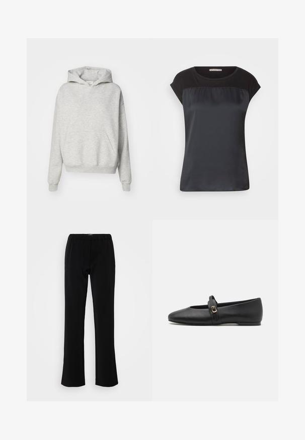 Sudadera gris con un bolsillo frontal, capucha con cordones y puños acanalados. Está hecha de una tela suave y texturizada y presenta un diseño de ajuste relajado.; Top negro de manga corta con un panel frontal satinado y tejido mate en los hombros. Textura suave con un corte holgado.; Pantalones negros con un diseño acampanado, confeccionados en una tela suave. Presentan una cinturilla elástica para mayor comodidad y una silueta limpia y sencilla.; Zapato plano de cuero negro con un diseño de punta redondeada, que presenta una correa delgada con un detalle de hebilla dorada en el empeine.
