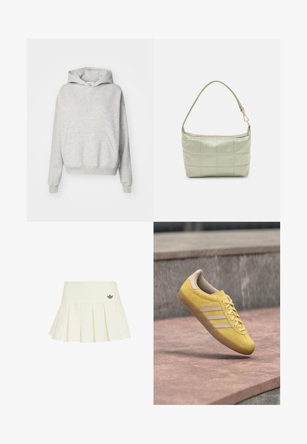 Sudadera gris con un bolsillo frontal, capucha con cordones y puños acanalados. Está hecha de una tela suave y texturizada y presenta un diseño de ajuste relajado.; adidas Originals Minifalda - off white; Zapatilla deportiva de ante amarillo con puntera redondeada, cordones delanteros y tres franjas beige en el lateral. Presenta un talón beige de contraste y un interior acolchado.; Bolsa de hombro acolchada de color verde con una textura suave, forma rectangular, correa única y cierre de cremallera en tono dorado. Presenta un patrón acolchado.