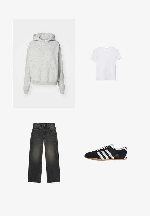 Sweat à capuche gris avec une poche avant, capuche à cordon et poignets côtelés. Fabriqué en tissu doux et texturé, il présente un design à coupe décontractée.; T-shirt blanc à manches courtes en tissu doux. Dispose d'un col rond et d'un design simple et épuré avec un ourlet droit.; Jean large noir en denim avec une finition délavée. Comprend cinq poches, une fermeture éclair à l'avant et un bouton de fermeture. Accents de couture détaillée.; Sneakers en suede noir avec trois bandes blanches, logo doré et semelle en caoutchouc marron. Présente un design à lacets à profil bas.