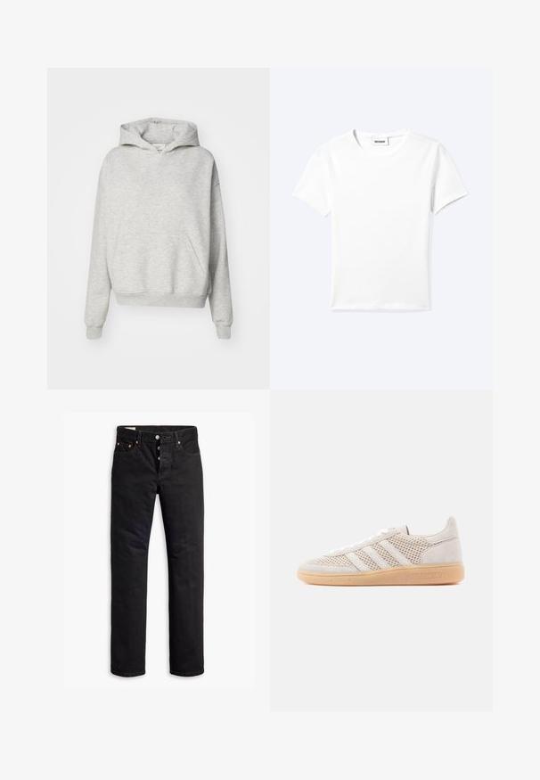 Sudadera gris con un bolsillo frontal, capucha con cordones y puños acanalados. Está hecha de una tela suave y texturizada y presenta un diseño de ajuste relajado.; Camiseta blanca lisa de manga corta con cuello redondo y una pequeña etiqueta "WEEKDAY" dentro del cuello, mostrada extendida sobre un fondo claro.; Vaqueros de denim negro con corte recto, diseño de cinco bolsillos y cierre de botón. Presenta remaches de cobre y detalles de costura.; Zapatillas deportivas de ante beige claro con detalles de malla, tres rayas blancas y suela de goma color caramelo. Cuentan con cierre de cordones y detalles con marca.