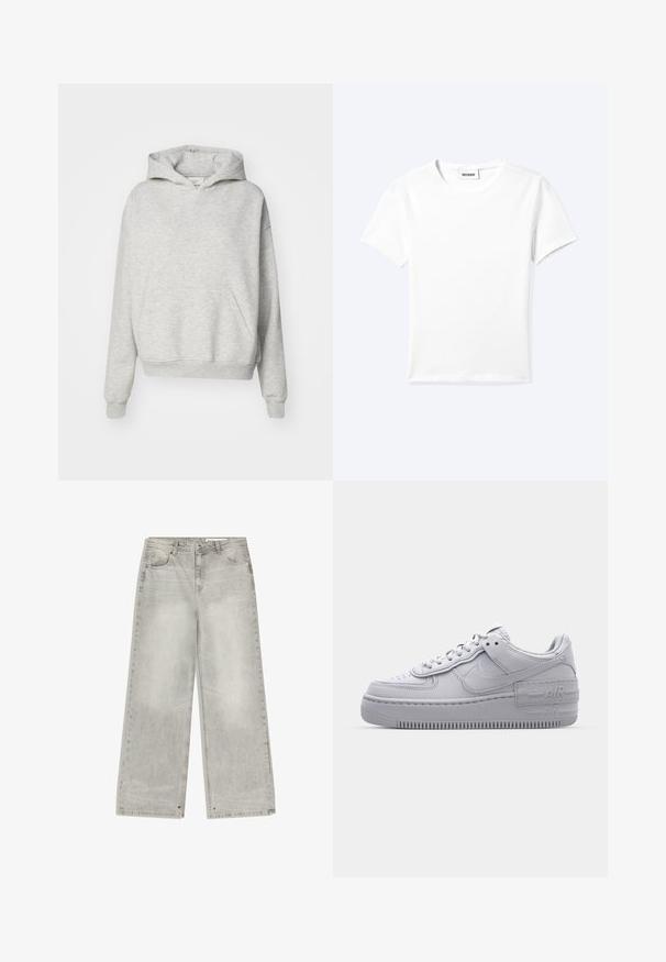Sweat à capuche gris avec une poche avant, capuche à cordon et poignets côtelés. Fabriqué en tissu doux et texturé, il présente un design à coupe décontractée.; T-shirt blanc uni à manches courtes et col rond avec une petite étiquette "WEEKDAY" à l'intérieur de l'encolure, présenté à plat sur un fond clair.; Jean denim gris à jambes larges avec une finition délavée, cinq poches et des éléments métalliques. Le tissu a une texture douce avec un ourlet net.; Basket en cuir lisse gris Nike Air Force 1 avec un bout perforé, une semelle épaisse et un détail 'AIR' en relief sur le talon.