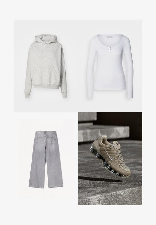 Grijze hoodie met een voorzak, trekkoordkap en geribbelde manchetten. Gemaakt van zachte, gestructureerde stof en heeft een ontspannen pasvorm.; Witte lange mouwen top met een scoop halslijn, geribbelde textuur en drie zilveren knopen als accent op de voorplacket.; Grijze wijde jeans met een hoge taille, voorzien van een gladde textuur, twee achterzakken en subtiele stikseldetails.; Beige Nike hardloopschoen met zilveren accenten en veerachtige zool zwevend boven betonnen trappen bij gedimd licht.