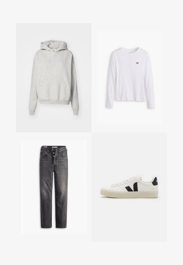 Sweat à capuche gris avec une poche avant, capuche à cordon et poignets côtelés. Fabriqué en tissu doux et texturé, il présente un design à coupe décontractée.; Chemise blanche à manches longues en coton doux. Présente un petit logo rouge Levi's sur la poitrine gauche. Design classique à col rond.; Jeans en denim noir avec une coupe droite, cinq poches, fermeture à bouton et détails de couture contrastés. Tissu texturé avec une finition délavée.; Baskets en cuir blanc avec un logo V en caoutchouc noir. Semelle texturée blanc cassé, lacets blancs et détail sur le talon arrière portant le nom de la marque en noir.
