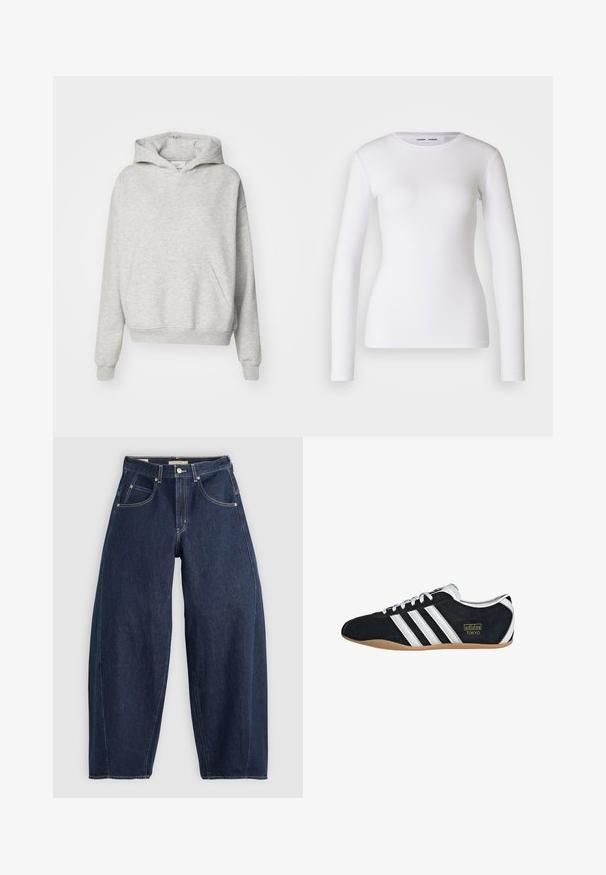 Sudadera gris con un bolsillo frontal, capucha con cordones y puños acanalados. Está hecha de una tela suave y texturizada y presenta un diseño de ajuste relajado.; Camisa blanca de manga larga hecha de tela acanalada, con un cuello redondo y una forma ajustada. No presenta patrones ni detalles.; Jeans de mezclilla azul oscuro con un ajuste holgado, costuras claras, cinco bolsillos y un cierre de botón en la cintura.; Zapatillas de ante negro con tres franjas blancas, logotipo dorado y suela de goma marrón. Presentan un diseño de cordones de perfil bajo.