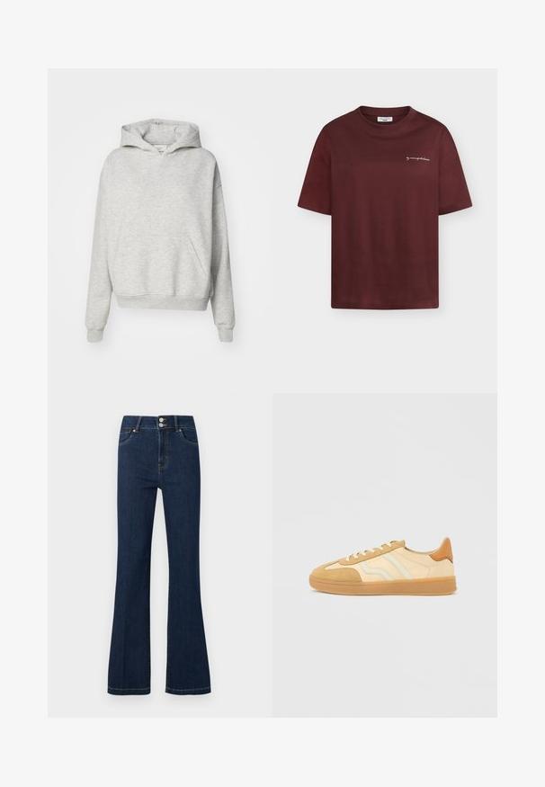 Sudadera gris con un bolsillo frontal, capucha con cordones y puños acanalados. Está hecha de una tela suave y texturizada y presenta un diseño de ajuste relajado.; Camiseta burdeos de manga corta con cuello redondo y pequeño texto blanco "by marcopolo denim" en el pecho izquierdo.; Vaqueros de mezclilla azul oscuro con cintura alta, cierre de doble botón, bolsillos delanteros y piernas ligeramente acampanadas.; Zapatillas en tonos beige y crema con materiales de ante y cuero, suelas de goma, tres franjas y un detalle marrón en el talón.