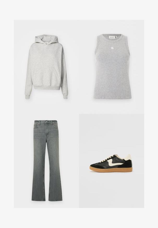 Sudadera gris con un bolsillo frontal, capucha con cordones y puños acanalados. Está hecha de una tela suave y texturizada y presenta un diseño de ajuste relajado.; Camiseta sin mangas gris con textura de rayas, escote redondo y pequeño logo blanco de Carhartt centrado en el pecho.; Jeans de mezclilla de pierna recta de talle alto en color gris, con cierre de botón y cremallera, bolsillos frontales y pasadores para cinturón.; Zapatillas de deporte de ante y cuero negro con un swoosh lateral en crema y un talón en crema claro. Presenta cordones beige y una suela de goma marrón.