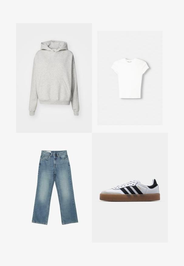 Sweat à capuche gris avec une poche avant, capuche à cordon et poignets côtelés. Fabriqué en tissu doux et texturé, il présente un design à coupe décontractée.; T-shirt blanc à manches courtes en coton doux, avec un col rond et une coupe ajustée. Pas de motifs ni d'ornements visibles.; Jean en denim bleu clair avec taille haute, jambes droites et larges, fermeture avant par boutons, fermeture éclair et design cinq poches.; Baskets en cuir blanc avec des rayures noires, semelle extérieure en caoutchouc beige, bout rond, fermeture lacée et embout en suède gris doux.
