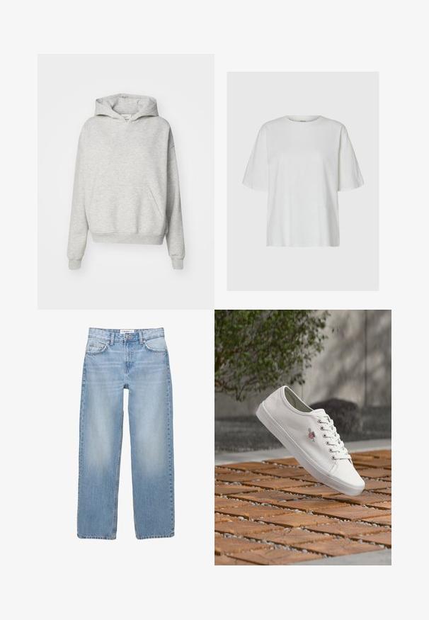 Sweat à capuche gris avec une poche avant, capuche à cordon et poignets côtelés. Fabriqué en tissu doux et texturé, il présente un design à coupe décontractée.; T-shirt blanc uni à manches courtes et col rond présenté sur un fond gris, sans motifs ni logos visibles.; Jean en denim bleu clair avec une coupe droite, style cinq poches et des détails de couture visibles. Le tissu a une texture douce et légèrement décolorée.; Baskets blanches basses avec lacets et détail logo flottant au-dessus d'une surface extérieure en carreaux de bois et gravier.