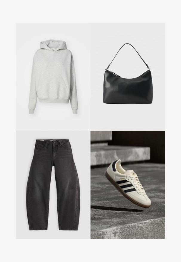 Sudadera gris con un bolsillo frontal, capucha con cordones y puños acanalados. Está hecha de una tela suave y texturizada y presenta un diseño de ajuste relajado.; Jeans de mezclilla negra con un corte relajado, que cuentan con cinco bolsillos, cierre de botón y un ligero desgastado. La tela tiene una textura suave y resistente.; Zapatilla blanca Adidas Samba con franjas negras y suela de goma, flotando sobre escalones de hormigón gris texturizado.; Bolso de hombro de cuero negro texturizado con cremallera curva en la parte superior y una sola correa ajustable sobre un fondo liso.