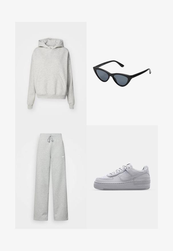 Grijze hoodie met een voorzak, trekkoordkap en geribbelde manchetten. Gemaakt van zachte, gestructureerde stof en heeft een ontspannen pasvorm.; Grijze sweatpants met een elastische tailleband, een trekkoord-detail en een klein wit Nike-logo op de linkerdij. Zachte stof, losvallend.; Grijze Nike Air Force 1 sneaker met geperforeerde neus, glad leren bovenwerk, dikke zool en verhoogde 'AIR' details op de hiel.; Zwarte cat-eye zonnebril met donkergrijze lenzen, slank plastic frame, puntige hoeken en rechte pootjes. Geen zichtbare hardware of accenten.