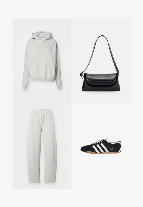 Sudadera gris con un bolsillo frontal, capucha con cordones y puños acanalados. Está hecha de una tela suave y texturizada y presenta un diseño de ajuste relajado.; Pantalones deportivos gris claro con cinturilla elástica y cordón ajustable. La tela presenta una textura suave y piernas rectas de corte holgado.; Zapatillas de ante negro con tres franjas blancas, logotipo dorado y suela de goma marrón. Presentan un diseño de cordones de perfil bajo.; Bolso de piel negra con una forma estructurada, una textura suave y una sola correa para el hombro. Presenta un diseño de tapa sutil y redondeado.