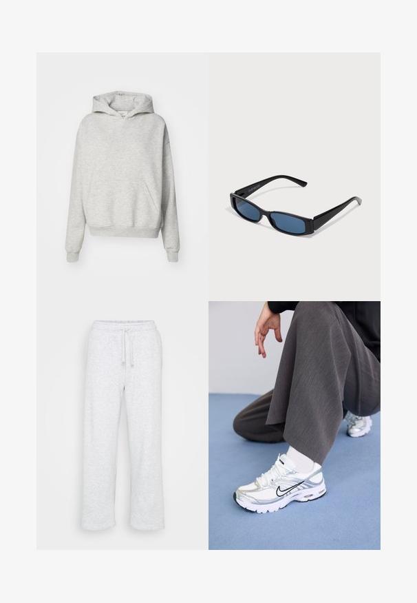 Grijze hoodie met een voorzak, trekkoordkap en geribbelde manchetten. Gemaakt van zachte, gestructureerde stof en heeft een ontspannen pasvorm.; Lichtgrijze katoenen trainingsbroeken met een elastische tailleband en een trekkoord, rechte pijpen, zonder zichtbare logo's of patronen.; Witte en zilveren sport schoenen van mesh en synthetische materialen, met zwarte accentlijnen, veters en gestructureerde zolen.; Zwarte zonnebril met een slank rechthoekig frame en blauwe lenzen. Heeft een gladde textuur en stevige pootjes. Merklogo aan de zijkant.