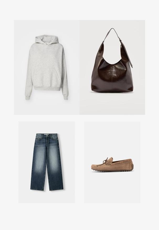 Sweat à capuche gris avec une poche avant, capuche à cordon et poignets côtelés. Fabriqué en tissu doux et texturé, il présente un design à coupe décontractée.; Jean en denim taille ample de couleur bleu foncé, avec un effet de décoloration. Design à cinq poches avec une fermeture à bouton et passants de ceinture.; Mocassin de conduite en daim marron clair avec détail nœud, coutures moc toe, et semelle extérieure en caoutchouc à picots, présenté de profil sur fond blanc.; Sac à bandoulière en cuir marron foncé brillant avec une seule large sangle et un détail de boucle sur un côté, posé sur un fond clair uni.