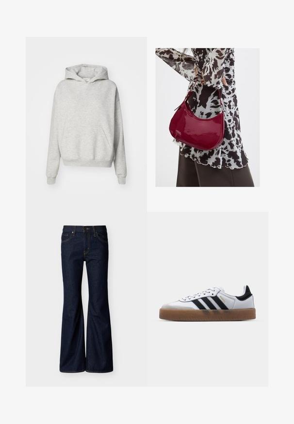 Sweat à capuche gris avec une poche avant, capuche à cordon et poignets côtelés. Fabriqué en tissu doux et texturé, il présente un design à coupe décontractée.; Jean en denim bleu foncé avec jambes évasées, fermeture avant par bouton et zip, et design à cinq poches avec surpiqûres contrastantes.; Baskets en cuir blanc avec des rayures noires, semelle extérieure en caoutchouc beige, bout rond, fermeture lacée et embout en suède gris doux.; Femme portant un chemisier à motif noir et blanc tenant un sac à main rouge brillant sur un fond uni.