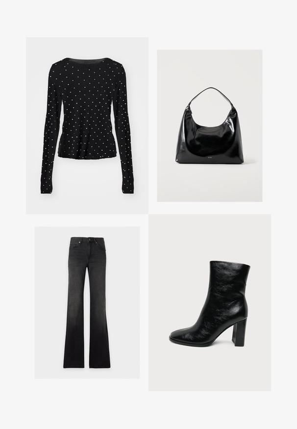 Haut noir à manches longues avec une texture côtelée, présentant des accents en clous argentés répartis de manière uniforme sur le tissu. Encolure ronde.; Jean flare taille haute noir avec poches avant, passants de ceinture, fermeture par boutons et effet délavé.; Bottine en cuir noir brillant avec un bout arrondi et un talon haut épais sur un fond clair uni.; Sac à épaule noir brillant avec une seule bandoulière et un petit logo "RAID" en bas au centre sur un fond clair uni.