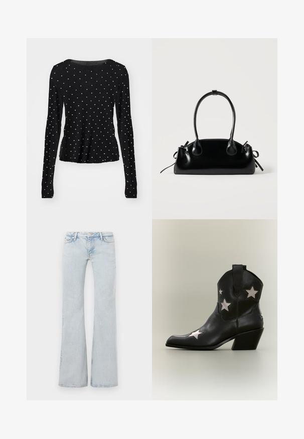 Haut noir à manches longues avec une texture côtelée, présentant des accents en clous argentés répartis de manière uniforme sur le tissu. Encolure ronde.; Jean flare bleu clair en denim. Doté d'une taille avec bouton en métal, d'un design à cinq poches et d'un délavage subtil sur l'ensemble.; Bottine cowboy en cuir noir, hauteur cheville, avec un talon biseauté de hauteur moyenne et des découpes blanches en forme d’étoile sur les côtés et le bout.; Petit sac à main noir brillant avec deux longues anses et des détails à cordon sur les côtés sur un fond clair uni.