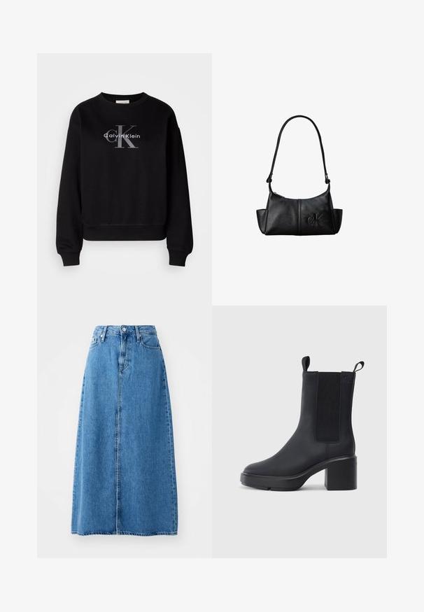 Sort sweatshirt lavet af bomuld, med rund hals og løs pasform. Viser et stort gråt logo med "Calvin Klein" og "CK" på forsiden.; Blå denim maxi nederdel med frontknaplukning, to lommer og lige design med rå kant. Klassisk og alsidig.; Sorte ankelstøvler i glat gummimateriale, med elastiske sidepaneler, blokhæle og trækskilt øverst for nem påtagning.; Sort læder skuldertaske med lang rem, sidelommer og præget Calvin Klein-logo på fronten.