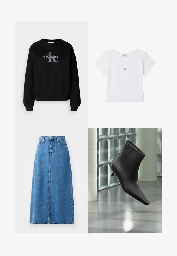 Zwarte sweatshirt van katoen, met een ronde hals en een loose fit. Heeft een groot grijs logo met "Calvin Klein" en "CK" op de voorkant.; Witte top met korte mouwen en een ronde hals, met een klein rood-zwart Calvin Klein-logo in het midden van de borst.; Blauwe denim maxi rok met een sluiting met knopen aan de voorkant, twee zakken en een rechte vorm met een rauwe zoom. Klassiek en veelzijdig.; Zwarte leren enkellaars met puntige neus en lage hak, afgebeeld tegen een glazen blokkenmuur en gepolijste vloer op de achtergrond.