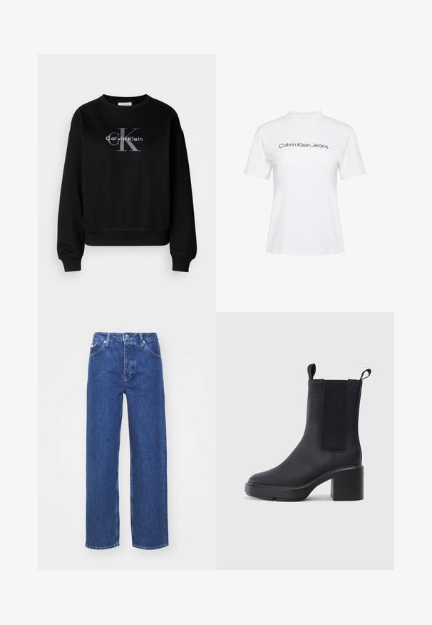 Čierna mikina vyrobená z bavlny, s oválnym výstrihom a voľným strihom. Na prednej strane je veľké sivé logo s nápisom "Calvin Klein" a "CK".; Biele bavlnené tričko s okrúhlym výstrihom a krátkymi rukávmi, na prednej strane čierny nápis "Calvin Klein Jeans".; Modré denimové nohavice so širokými nohavicami a vysokým pásom, so zipsom a zapínaním na gombík, pútkami na opasok a jemným vyblednutím látky.; Čierne členkové topánky z hladkého gumového materiálu, s elastickými bočnými panelmi, blokovým podpätkom a sťahovacími pútkami na vrchu pre jednoduché obúvanie.