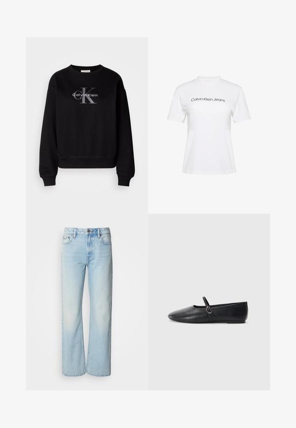 Schwarzer Sweatshirt aus Baumwolle, mit Rundhalsausschnitt und lockerer Passform. Auf der Vorderseite befindet sich ein großes graues Logo mit "Calvin Klein" und "CK".; Weißes Baumwoll-T-Shirt mit Rundhalsausschnitt und kurzen Ärmeln, bedruckt mit dem Schriftzug "Calvin Klein Jeans" in schwarzer Schrift quer über der Brust.; Helle blaue weit geschnittene Jeans aus Denim, mit einem klassischen Fünf-Taschen-Design und einer dezenten, gewaschenen Textur. Die Denim-Nähte sind sichtbar.; Schwarze Leder-Ballettschuhe mit spitzem Schuhzeug, flacher Sohle und einem kleinen Riemen mit silberner Schnalle.