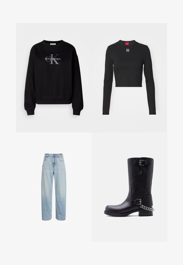 Must värvi puuvillane dressipluus, millel on ümmargune kaelus ja lõtv istuvus. Ees on suur hall logo, millel on kiri "Calvin Klein" ja "CK".; Must matte mustärgne pika varrukaga lühike topp, mis on valmistatud siledast kangast, ümmarguse kaelusega ja keskosas valge "HUGO" logo.; Hele sinised kõrge vöökohaga sirgete säärtega teksapüksid, viie tasku ja nööpkinnitusega, valge tausta ees.; Mustast nahast keskmise säärega saabas, millel on kaks hõbedast pandlat ja hõbedast kettdetaili, mis on ümber kanna madala plokksäärega tallal.