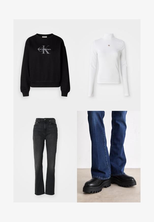 Zwarte sweatshirt van katoen, met een ronde hals en een loose fit. Heeft een groot grijs logo met "Calvin Klein" en "CK" op de voorkant.; Witte turtleneck met lange mouwen, gemaakt van ribbelstof. Bevat een klein geborduurd logo in het midden. Aansluitend ontwerp zonder patronen.; Hoge zwarte denim jeans met rechte pijpen, vijf-pocket ontwerp, sluiting met een knoop aan de voorkant en minimale stikseldetails.; Chunky zwarte platformlaarzen met gestructureerde rubberen zolen, een ronde neus en een glad leren bovenwerk, gecombineerd met blauwe flared jeans.