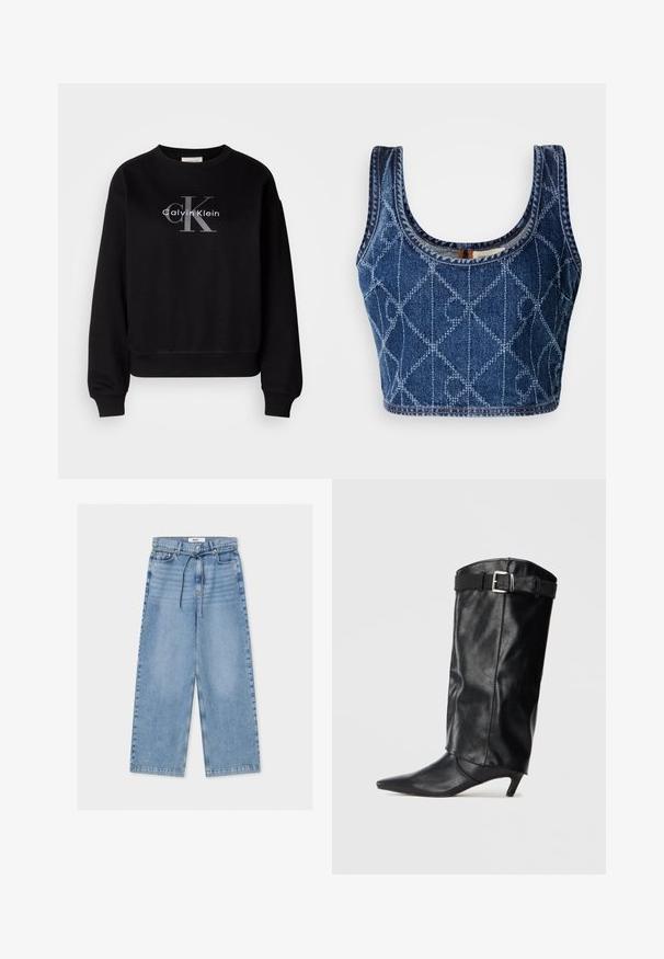 Zwarte sweatshirt van katoen, met een ronde hals en een loose fit. Heeft een groot grijs logo met "Calvin Klein" en "CK" op de voorkant.; Denim crop top met een ronde hals, voorzien van een diamanten patroon geborduurd in lichter blauw, en afgewerkte randen met contrasterende draad.; Lichtblauwe wijde jeans met hoge taille, knoop- en ritssluiting, voorzakken en een dunne koordceintuur.; Zwart leren kniehoog laars met een spitse neus en een kleine hak. Heeft een riem aan de bovenkant met een zilveren gesp. Gladde textuur.