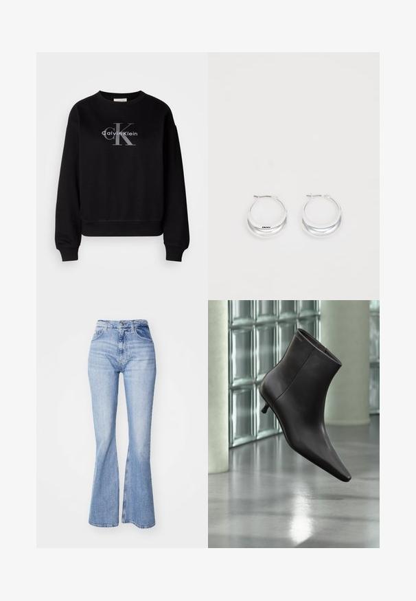 Schwarzer Sweatshirt aus Baumwolle, mit Rundhalsausschnitt und lockerer Passform. Auf der Vorderseite befindet sich ein großes graues Logo mit "Calvin Klein" und "CK".; Hellblaue Schlagjeans aus Denim mit hoher Taille, Fünf-Taschen-Design und dezentem Verblassen entlang der Beine.; Schwarzer Leder-Knöchelstiefel mit spitzer Spitze und kleinem Absatz vor einer Wand aus Glasbausteinen und einem polierten Boden.; Silberne Creolen mit glänzender Oberfläche und DKNY-Logo, vor einem schlichten weißen Hintergrund präsentiert.