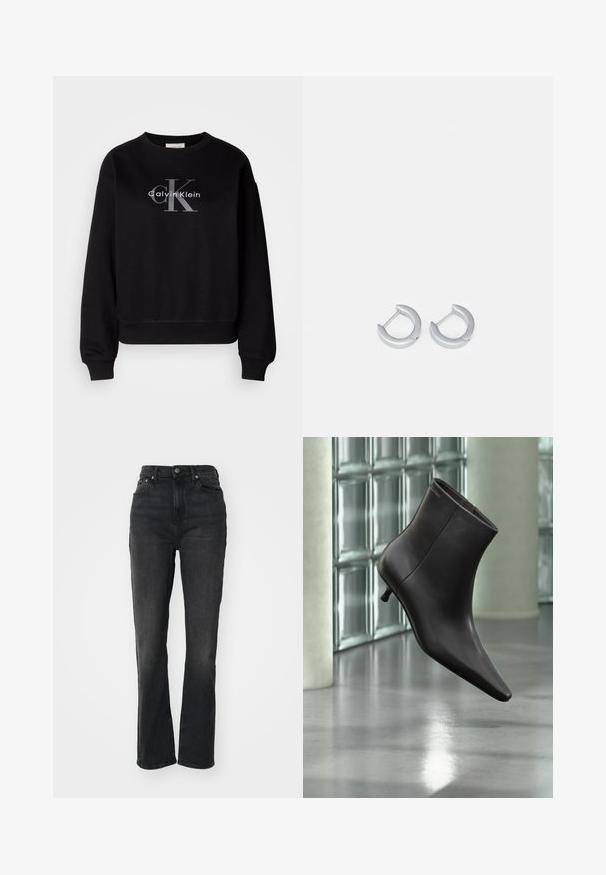 Sort sweatshirt lavet af bomuld, med rund hals og løs pasform. Viser et stort gråt logo med "Calvin Klein" og "CK" på forsiden.; Højtaljede sorte denim jeans med lige ben, fem-lomme design, frontlukning med knap og minimal syning.; Sort læderankelstøvle med spids tå og lille hæl vist mod en væg af glasblokke og poleret gulv baggrund.; Sølv hoop øreringe med en glat, metallisk finish og en afrundet halvmåneform, der har en slank stiftlukning til at bære.