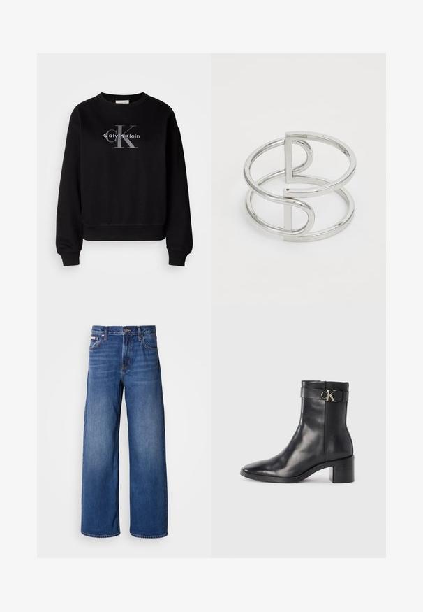 Schwarzer Sweatshirt aus Baumwolle, mit Rundhalsausschnitt und lockerer Passform. Auf der Vorderseite befindet sich ein großes graues Logo mit "Calvin Klein" und "CK".; weit geschnittene Jeans aus dunkelblauem Denim, mit hoher Taille, fünf Taschen und dezenten Ausbleichungen an der Vorderseite für zusätzliche Textur und Details.; Schwarze Leder-Ankle Boots mit spitzem Zehenbereich, Blockabsatz und einem Riemen mit einem metallischen Logodetail. Glatte Textur und minimales Design.; Silberner Metallarmreif mit einem Doppel-Schleifen-Design, glatter, glänzender Oberfläche und einem minimalistischen geometrischen Akzent.