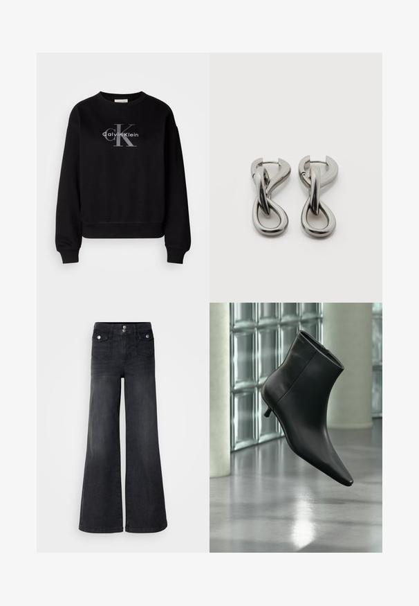 Schwarzer Sweatshirt aus Baumwolle, mit Rundhalsausschnitt und lockerer Passform. Auf der Vorderseite befindet sich ein großes graues Logo mit "Calvin Klein" und "CK".; Schwarze Denim-Jeans mit weitem Bein und hoher Taille, mit vorderen Knöpfen und zwei Vordertaschen; glatte Textur mit leichtem Verwaschungsfinish.; Schwarzer Leder-Stiefelette mit spitzer Zehenpartie und niedrigem Kitten-Heel, schräg dargestellt vor einem polierten Boden und einer Glasbausteinwand.; Paar silberfarbene Metallohrringe mit abstraktem ineinandergreifendem Schlaufen-Design auf weißem Hintergrund.