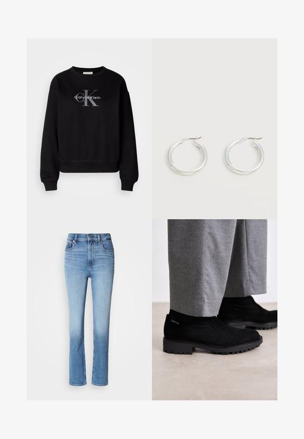 Zwarte sweatshirt van katoen, met een ronde hals en een loose fit. Heeft een groot grijs logo met "Calvin Klein" en "CK" op de voorkant.; Blauwe denim jeans met hoge taille, rechtvallende pasvorm, vervaagde kleurverloop en vijf-pocketstijl. Metalen knoop en ritssluiting.; Zwarte suède enkellaarsjes met een rubberen zool, voorzien van een elastische zijpaneel en een logo-accent op de hak. Gecombineerd met grijze broeken.; Een paar middelgrote glanzende zilveren oorringen met dunne metalen sluitingen op een lichte neutrale achtergrond.