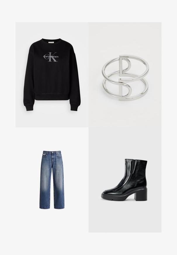 Sort sweatshirt lavet af bomuld, med rund hals og løs pasform. Viser et stort gråt logo med "Calvin Klein" og "CK" på forsiden.; Blå bredbenede denimjeans med falmet vask, knap- og lynlås-lukning samt lommer foran og bagpå.; Sorte patenterede læderankelstøvler med en buet tå, elastiske sidepaneler og en kraftig blokhæl. Har et præget logo på bagsiden.; Sølv metal armbånd med en dobbeltloopdesign, der har en glat, blank overflade og en minimalistisk geometrisk accent.
