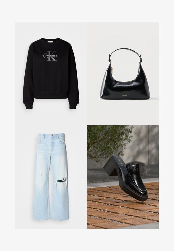 Schwarzer Sweatshirt aus Baumwolle, mit Rundhalsausschnitt und lockerer Passform. Auf der Vorderseite befindet sich ein großes graues Logo mit "Calvin Klein" und "CK".; Helle blaue, weit geschnittene Jeans aus Denim mit hoher Taille, großen Rissen an den Knien und einem klassischen Fünf-Taschen-Design mit kupferfarbenen Beschlägen.; Schwarze Leder-Slip-on-Mule von Calvin Klein mit Blockabsatz, die auf Holzfliesen im Freien nahe einer grünen Pflanze und einer grauen Wand ruht.; Schwarze, glänzende Calvin Klein Handtasche mit goldfarbenem Reißverschluss und kurzem Trageriemen vor schlichtem weißem Hintergrund.
