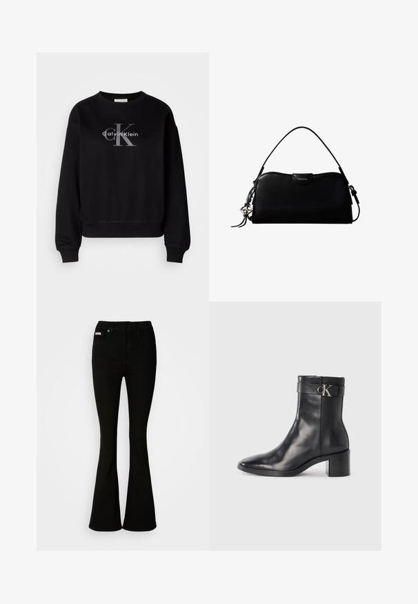 Sort sweatshirt lavet af bomuld, med rund hals og løs pasform. Viser et stort gråt logo med "Calvin Klein" og "CK" på forsiden.; Sorte bukser med flare, der har en tætsiddende talje, lavet af blødt denim. Har to forlommer og en klassisk knap- og lynlåslukning.; Sort læder ankelstøvle med spids tå, blokhæl og en rem med en metallisk logo detalje. Glat tekstur og minimalistisk design.; Sort rektangulær Calvin Klein håndtaske med enkelt toprem, sølvlogo vedhæng og lille klaplukning foran.