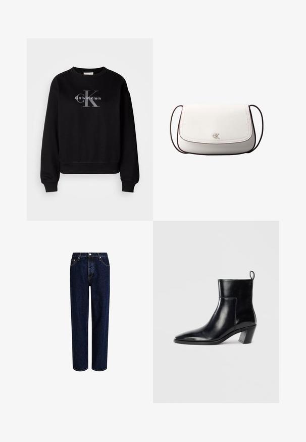 Schwarzer Sweatshirt aus Baumwolle, mit Rundhalsausschnitt und lockerer Passform. Auf der Vorderseite befindet sich ein großes graues Logo mit "Calvin Klein" und "CK".; Dunkelblaue Denim-Jeans mit geradem Bein, hoher Taille, fünf Taschen und kontrastierenden Nähten. Ohne Verzierungen.; Schwarze Leder-Ankleboots mit spitzem Zeh, geometrischem Blockabsatz und einem Zugband hinten. Glatte Textur und elegantes Design.; Weiße Umhängetasche mit Klappverschluss, kleinem silbernem "cK"-Logo in der Mitte und dünnem, verstellbarem dunkelbraunem Riemen.