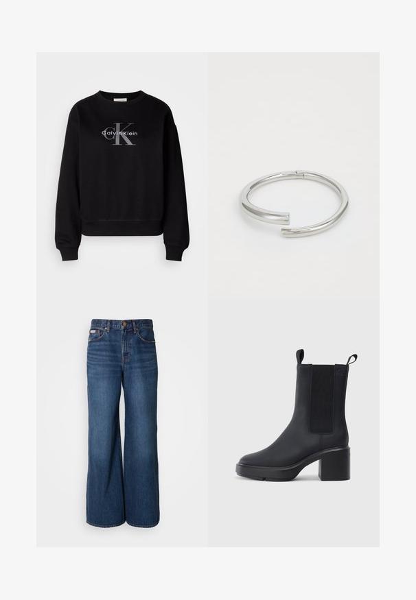 Schwarzer Sweatshirt aus Baumwolle, mit Rundhalsausschnitt und lockerer Passform. Auf der Vorderseite befindet sich ein großes graues Logo mit "Calvin Klein" und "CK".; Weite Jeans aus dunkelblauem Denim. Merkmale sind eine hohe Taille, fünf Taschen und kontrastierender orangefarbener Stitching entlang der Nähte.; Schwarze Knöchelstiefel aus glattem Gummi-Material, mit elastischen Seitenpaneelen, Blockabsatz und Zugschlaufen oben für ein einfaches Anziehen.; Calvin Klein SPIRAL - Armband - silver-coloured
