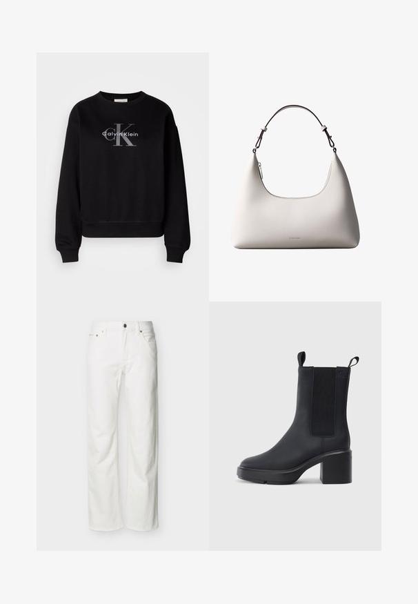 Sweatshirt noir en coton, avec un col rond et une coupe décontractée. Affiche un grand logo gris avec "Calvin Klein" et "CK" sur le devant.; Jean blanc à jambes droites avec poches avant, passants pour ceinture, fermeture par bouton, et coutures visibles sur un fond uni.; Bottines noires avec un matériau en caoutchouc lisse, des panneaux latéraux élastiques, un talon carré et des tirettes en haut pour un enfilage facile.; Sac à bandoulière en cuir couleur crème de Calvin Klein avec bord supérieur incurvé, fermeture éclair argentée et sangle ajustable brun foncé.