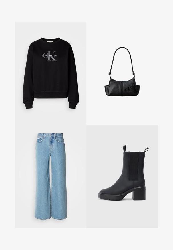 Čierna mikina vyrobená z bavlny, s oválnym výstrihom a voľným strihom. Na prednej strane je veľké sivé logo s nápisom "Calvin Klein" a "CK".; Svetlomodré široké rifle vyrobené z denimu, s vysokým pásom, päticou vreciek a jemným vyblednutím na látke.; Čierne členkové topánky z hladkého gumového materiálu, s elastickými bočnými panelmi, blokovým podpätkom a sťahovacími pútkami na vrchu pre jednoduché obúvanie.; Čierna kožená taška cez rameno s dlhým popruhom, bočnými vreckami a vystúpeným logom Calvin Klein vpredu.