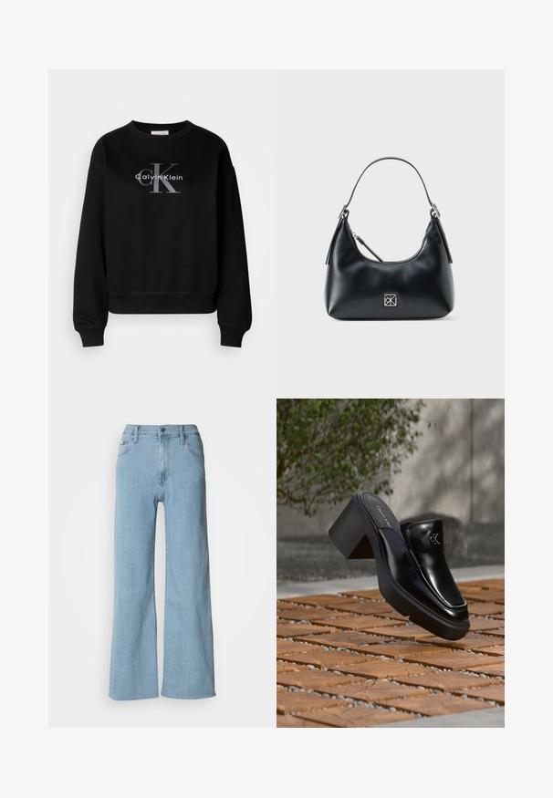 Sort sweatshirt lavet af bomuld, med rund hals og løs pasform. Viser et stort gråt logo med "Calvin Klein" og "CK" på forsiden.; Lyseblå vidde jeans lavet af denim, med en tætsiddende talje, fem-lomme design og subtile syningsdetaljer.; Sort læder Calvin Klein slip-on mule med blokhæl, der hviler på trætøj udendørs nær en grøn plante og en grå væg.; Sort læder skuldertaske med et enkelt håndtag, lynlåslukning og et lille kvadratisk sølvlogo på forsiden.