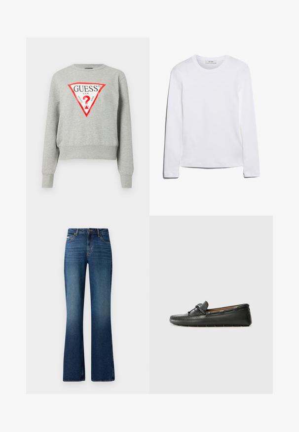 Grå sweatshirt med rødt trekantet logo med teksten "GUESS U.S.A.", lange ærmer, ribbede manchetter og kant, lavet af blødt stof.; Langærmet hvid T-shirt lavet af ribbet bomuld, med rund halsudskæring og lige kant. Simpelt design uden mønstre eller accenter.; Flare jeans i en medium blå vask, med et klassisk fem-lomme design, knaplukning og en let slidt tekstur.; Sorte læder bådsko med afrundet tå, stikninger, lille sløjfedetalje og gummisål. Glat tekstur og strømlinet design.