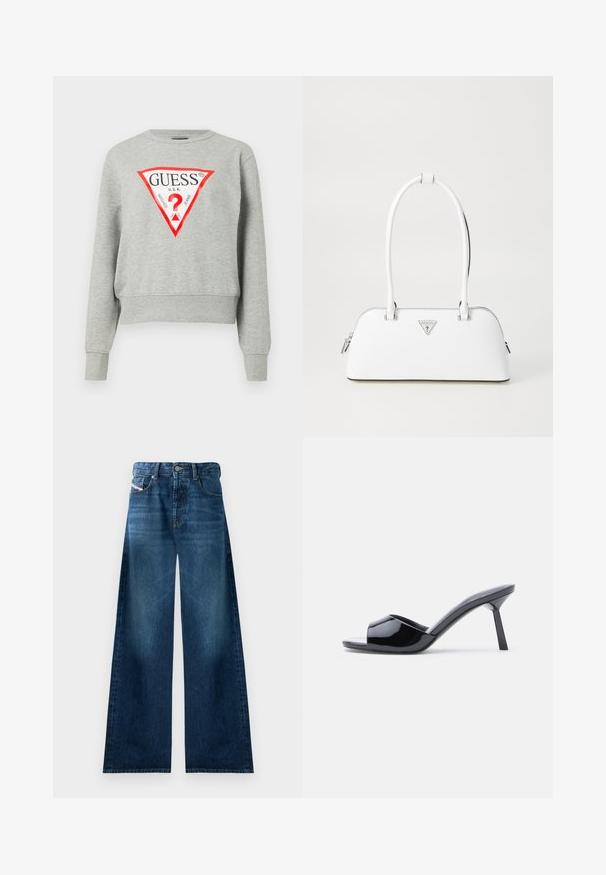 Grå sweatshirt med rødt trekantet logo med teksten "GUESS U.S.A.", lange ærmer, ribbede manchetter og kant, lavet af blødt stof.; Bredde denimjeans i mørk vask. Har traditionelt fem-lomme design, knappelukning og let falmning på lårerne.; Sorte laklæder sandaletter med åben tå, der har et buet overdesign og en spids stilethæl. Glat, blank finish.; Hvid lædertaske med en buet form, der har et sølvtrapezlogo og lynlåslukning. Glat tekstur og dobbelthåndtag.